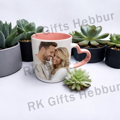 Customized Pink Heart Handle Colour Mug – Personalized Photo Coffee Mug Gift for Couples and Special Memories