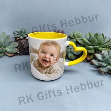 Customized Yellow Heart Handle Colour Mug – Personalized Photo Coffee Mug Gift for Couples and Special Memories