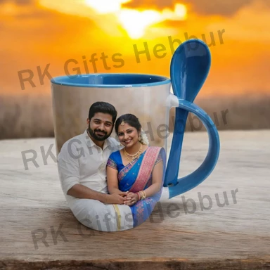 Customized Sky Blue Spoon Mug 11 oz – Personalized Photo Coffee Mug with Spoon Gift for Friends, Family and Daily Use