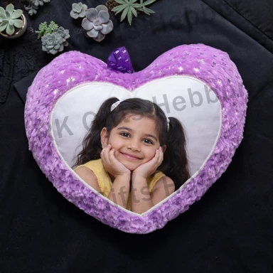 Customized Purple Foil Heart Cushion with Photo – Personalized Romantic Gift for Loved Ones | Soft Heart Pillow for Home Decor & Memories