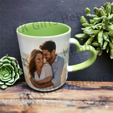 Customized Green Heart Handle Colour Mug – Personalized Photo Coffee Mug Gift for Couples and Special Memories