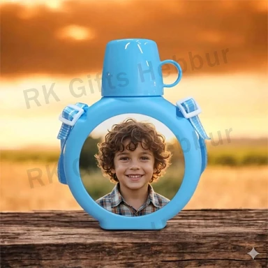 Kids Cup Bottle Blue – Customized Photo Water Bottle with Cup Gift for School, Kids and Daily Use