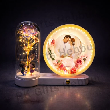 Customized LED White Round Photo Frame with Flower Dome | Elegant Couple Gift | Night Lamp Memory Frame
