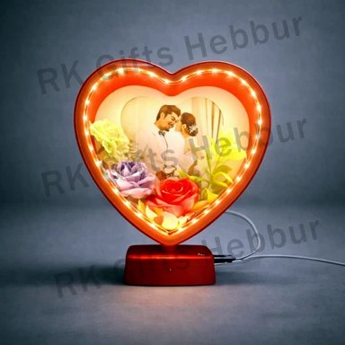 Customized LED Red Heart Shape Photo Frame with Flowers | Romantic Couple Gift | Love Night Lamp Frame