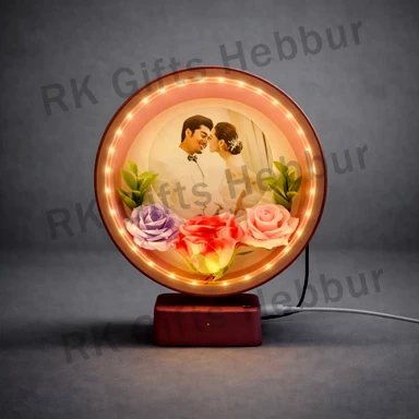 Customized LED Pink Round Photo Frame with Flowers | Romantic Couple Gift | Cute Night Lamp Memory Frame