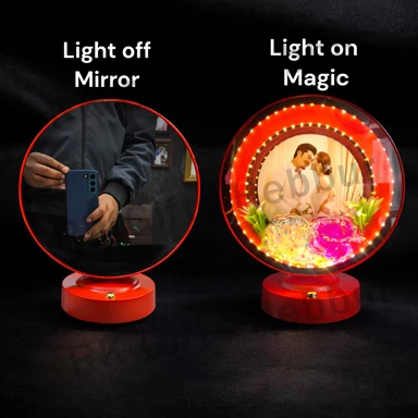 Fancy Glitter Rose Round Red Mirror LED Frame – Customized Magic Mirror Photo Frame for Couples (Light ON/OFF Effect)