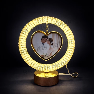 Customized Crystal Moon LED Photo Frame with Heart Hanging | Luxury Couple Gift | Romantic Night Lamp Frame