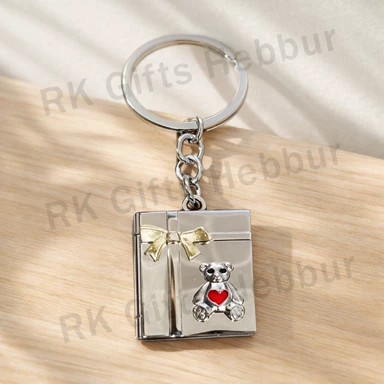 Customized Teddy Metal Locket Photo Keychain (2 Photo) | Premium Imported Openable Gift Keychain for Couples & Friends