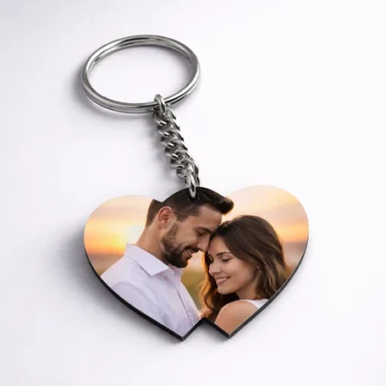 Customized Single Side Heart Shape Photo Keychain – Personalized Wooden Key Chain Gift for Couples, Friends & Students